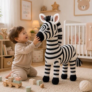 Peut inclure: Un grand zèbre en peluche fait main au crochet avec un motif rayé noir et blanc, une crinière en fil noir et des sabots noirs. Le zèbre possède un long cou, des oreilles pointues avec des détails roses à l'intérieur et une queue noire à pompon.