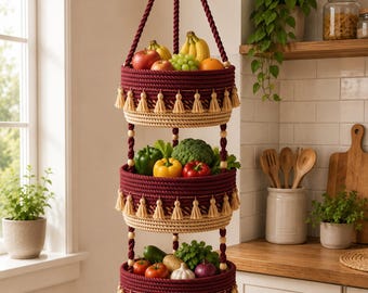 May include: A three-tiered hanging basket made of braided rope in deep burgundy and natural beige. Each circular basket features a row of small beige tassels along the bottom edge and is connected by wooden beads on thick rope cords for storage.