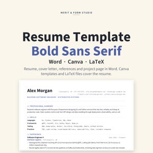 May include: A digital resume template titled Bold Sans Serif by Merit & Form Studio. The document includes sections for professional summary, skills, and experience, compatible with Word, Canva, and LaTeX. The text displays a software engineer profile.
