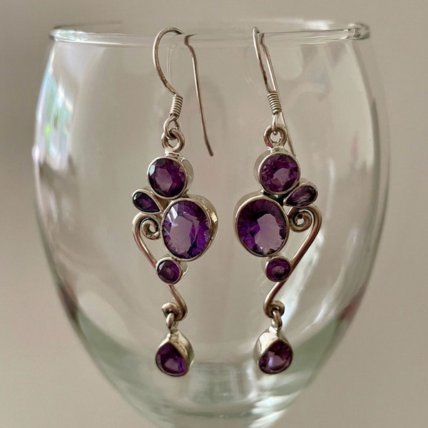 Sterling Silver Amethyst Drop Earrings | Handmade Purple Gemstone Jewelry