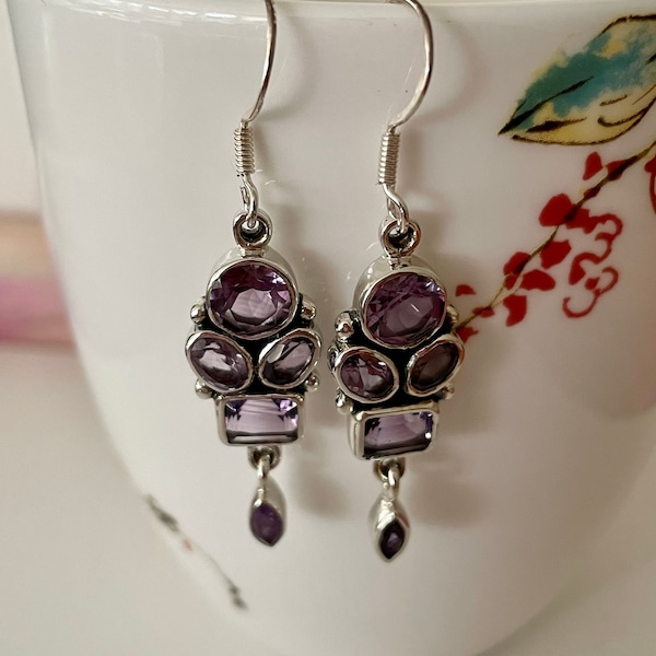 Genuine Amethyst Silver Dangle Earrings | February Birthstone