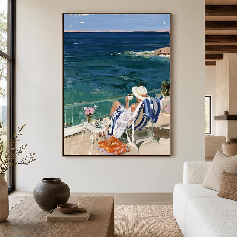 Coastal Ocean View Oil Painting, Mediterranean Beach House Wall Art ...
