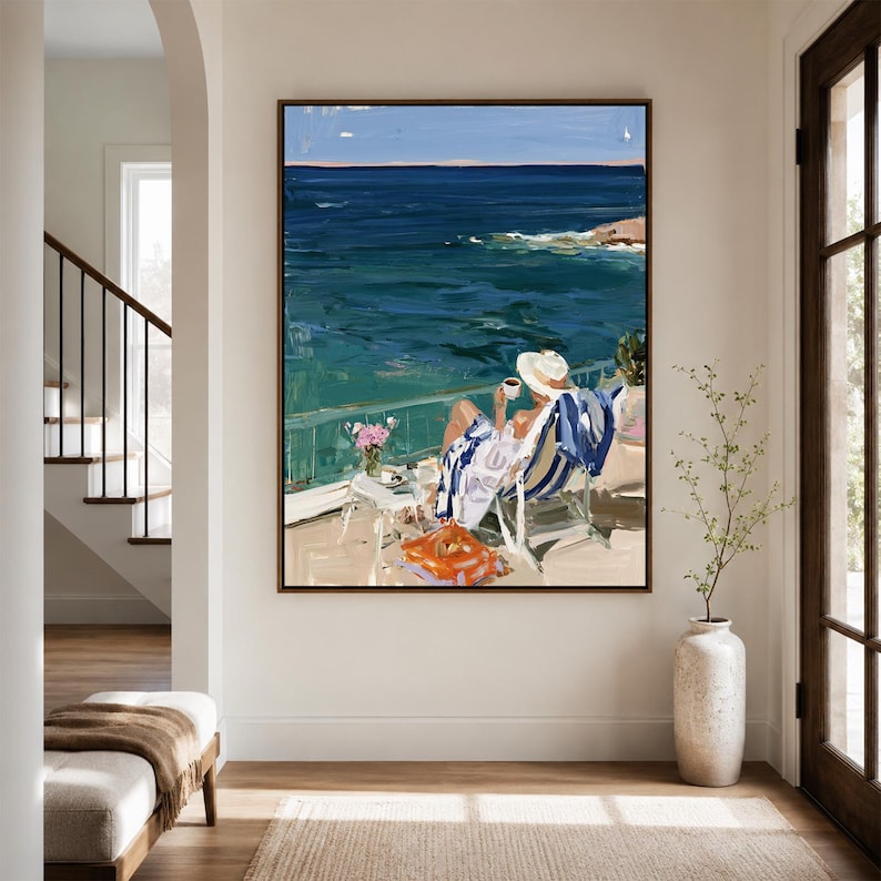 Coastal Ocean View Oil Painting, Mediterranean Beach House Wall Art ...