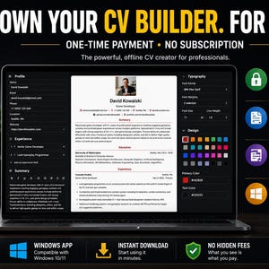 Op de afbeelding: Een laptopscherm toont een interface voor cv-bouwsoftware met een profieleditor, typografie-instellingen en een kleurenpalet. De tekst luidt: OWN YOUR CV BUILDER. FOR LIFE. ONE-TIME PAYMENT. NO SUBSCRIPTION. WORKS OFFLINE. UNLIMITED PDF EXPORT.