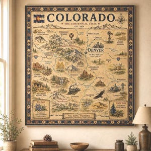 Vintage Colorado Map Tapestry, Rocky Mountain National Park Wall Art