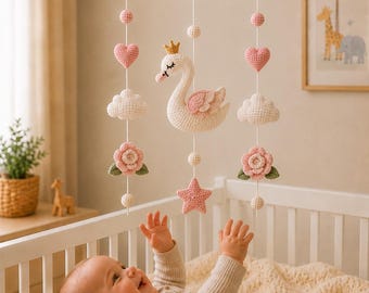 Gehaakte zwaan prinses wiegmobiel, handgemaakte babykamerdecoratie, boho kraamcadeau