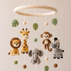 Handgjord virkad safaridjur babymobil, djungelbarnrumsdekor, lejon giraff elefant apa zebra