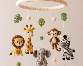 Handmade Crochet Safari Animals Baby Mobile, Jungle Nursery Decor, Lion Giraffe Elephant Monkey Zebra