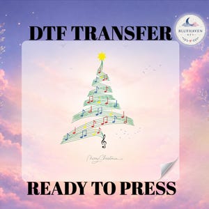 May include: A DTF transfer ready to press featuring a Christmas tree design formed by green musical staff lines and colorful musical notes. A yellow star sits at the top, a black treble clef at the base, and the text Merry Christmas is below.