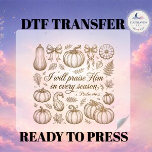 May include: A DTF transfer sheet featuring brown line art of pumpkins, gourds, leaves, and bows. The central text reads, I will praise Him in every season, Psalm 146:2. The design is ready to press, with a Bluehaven DTF logo in the corner.