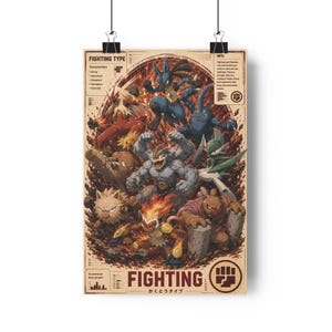 Pode incluir: Um cartaz vertical apresentando uma coleção de criaturas do tipo luta em uma composição dinâmica e ardente. O texto inclui "FIGHTING TYPE", "INFO", "FIGHTING" e caracteres japoneses. A paleta de cores consiste em marrons terrosos, vermelhos profundos e azuis vibrantes.