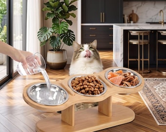 Elevated Cat Bowls with Wooden Stand, 3 Stainless Steel Pet Feeding Bowls, Raised Cat Feeder and Water Station