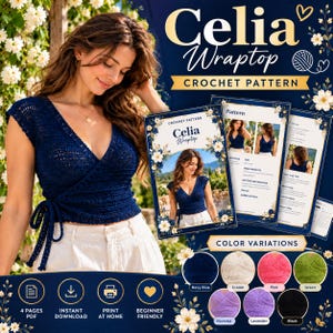 Häkelanleitung für das Wickeltop „Celia“ (PDF), Damen-Sommertop, V-Ausschnitt mit Bindeband, Anfängerfreundliche DIY-Anleitung, Digitaler Download