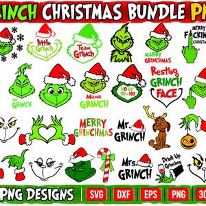Könnte beinhalten: Eine digitale Sammlung von 34 Grafikdesigns zum Thema Grinch, die verschiedene Illustrationen der grünen Figur mit Weihnachtsmützen sowie Textphrasen wie Grinch Squad, Merry Grinchmas und Resting Grinch Face auf einem weißen Hintergrund zeigen.