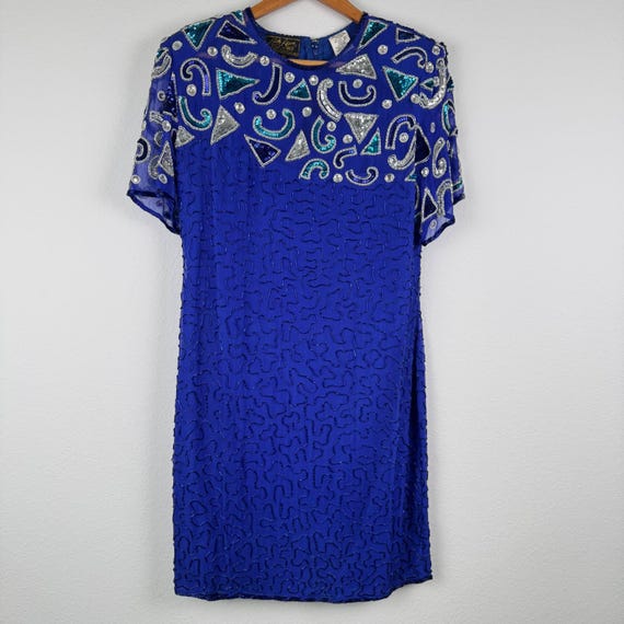 Silk Allure Beaded Silk Dress Womens XL Blue Good Vintage 80s Geometric Sequin