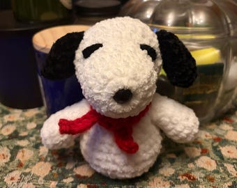 White dog red scarf, peanuts, snoopy, puppy, crochet, amigurumi, handmade, plush, stuffed animal, Christmas