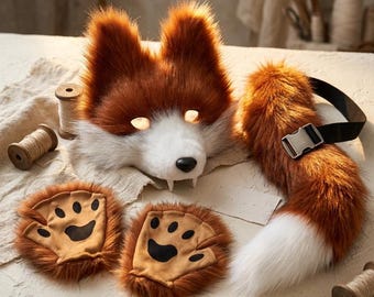 Handgemaakt wolf-vossenmasker, staart en poten set, cosplaykostuum van imitatiebont, Therian Gear Kemonomimi accessoire
