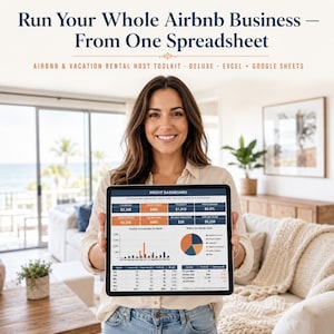 Puede incluir: Una tableta digital que muestra una hoja de cálculo de panel de ganancias con datos financieros, gráficos y tablas. La pantalla muestra el texto Run Your Whole Airbnb Business — From One Spreadsheet y Airbnb & Vacation Rental Host Toolkit.