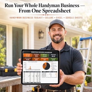 May include: A digital tablet displaying a Handyman Business Dashboard with financial data, including YTD income, expenses, and profit. The screen shows charts, tables, and the text: Run Your Whole Handyman Business — From One Spreadsheet.
