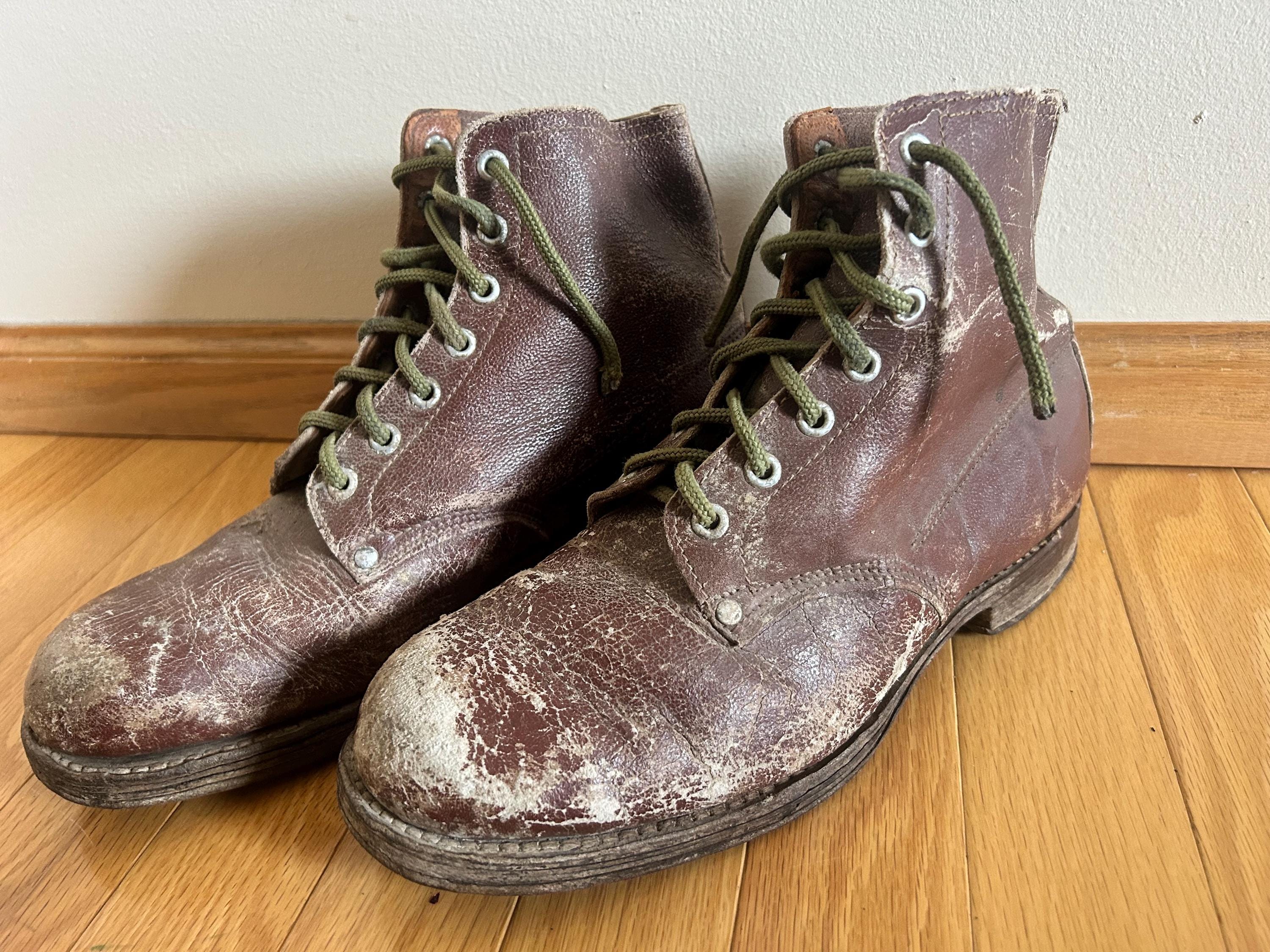 Vintage Men's WWII Era Brown Russet Leather B5 HOBNAIL Military Field Ankle Officer Trench Marching Boots Sz-41