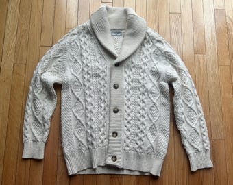 Masculino Vintage BLARNEY Woolen Mills Irlanda Conor Shawl Collar Aran Fisherman Cardigan 100% lã Suéter Sz-S