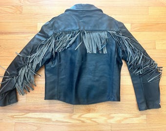 Women&#39;s Vintage 1970&#39;s Black Leather SEARS Fringe Racer Motorcycle Racer Jacket Size-14