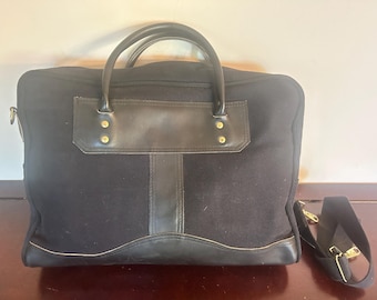 Pasta vintage preta de couro e lona da marca Battenkill, bolsa para laptop