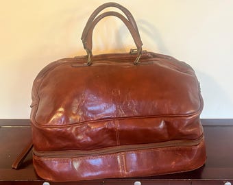 Vintage Rustic Cognac Brown Italian Leather VALENTINA Duffle Travel Luggage Carry-On Bag