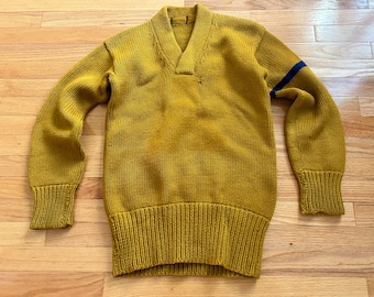 Vintage 50's/60's Mustard Colored Thick Wool Varsity Americana Heritage Knit Cardigan Sweater Pullover Size-M In Great Condition