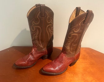 Women&#39;s Classic Heritage Vintage Rustic Brown Leather & Lizard Skin TONY LAMA Western Cowboy Cowgirl Tall Riding Boots Sz-7D