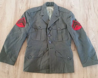 Men's Vintage 1960s U.S Army Military USMC Wool Serge Green Uniform Dress Coat Sz-S