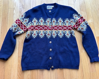 Dam Vintage AMANA Woolen Mills Akryl Skandinavisk Skidtröja Flerfärgad Button-Down Storlek 38