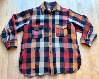 Vintage WOOLRICH skjortjacka från 1940-talet, flanellskjorta, buffelrutig ulljacka, fältjacka, friluftsman, storlek 17, USA