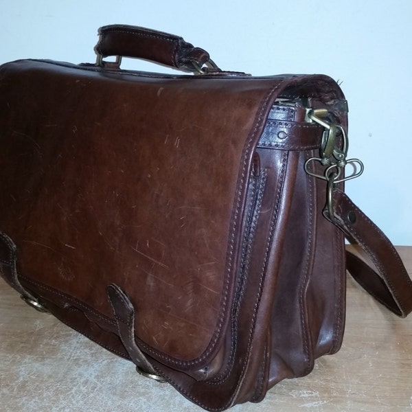 Vintage Neat Cognac Brown FIRENZE Italian Calfskin Leather Briefcase Attache Messenger Bag