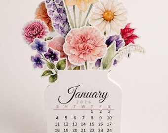 Birth Flower Desk Calendar 2026 Printable, Watercolor Flower Jar Calendar, A5 Monthly Cards with Stand, Cricut Print and Cut, PDF