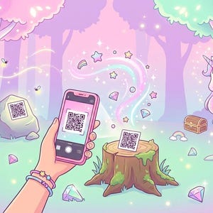 Może przedstawiać: Różowy smartfon trzymany w dłoni skanujący kod QR umieszczony na pniu drzewa w pastelowym lesie. Scena przedstawia jednorożca, skrzynie ze skarbami, unoszące się diamenty i gwiazdy, a w tle widoczny jest kolejny kod QR na pobliskim kamieniu.