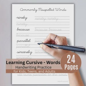 Può includere: Un foglio di carta bianco intitolato Commonly Misspelled Words con righe per esercitarsi nella scrittura in corsivo. La pagina presenta parole come ninety, because, parallel e sincerely in corsivo. Un riquadro marrone indica 24 Pages.