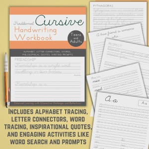 Pode incluir: Um caderno de exercícios de caligrafia cursiva tradicional para adolescentes e adultos com uma caneta. A capa apresenta o título, o alfabeto, conectores de letras e exercícios. Várias páginas internas mostram linhas para prática de escrita.