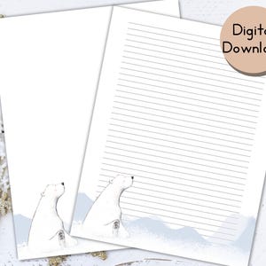 May include: Two sheets of stationery paper featuring a white polar bear illustration at the bottom, set against a light blue snowy landscape. One sheet is blank, and the other has horizontal black lines for writing. Text reads Digital Download.