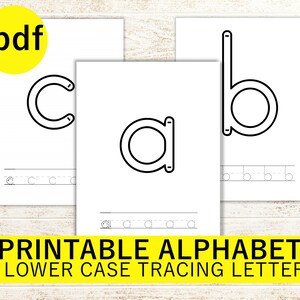 May include: A digital PDF file featuring printable alphabet worksheets with large black outlined lowercase letters a, b, and c. Each page includes a horizontal line with dotted tracing versions of the corresponding letter for handwriting practice.