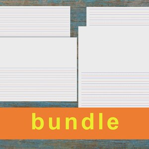 May include: A collection of white paper sheets featuring various handwriting practice layouts, including horizontal blue and red lines, some with blank top sections for drawing, all displayed with the word bundle in yellow on an orange banner.