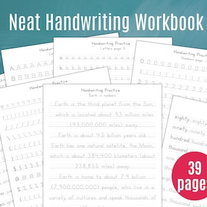 May include: A Neat Handwriting Workbook featuring multiple white practice sheets with black text. The pages display letters, numbers, and sentences about Earth. A bright pink circular badge in the corner clearly states 39 pages in white text.