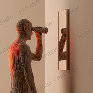 Kunstdruck „Selbstreflexion“ aus Holz | Mann blickt durch ein Fernglas | Digitaler Download