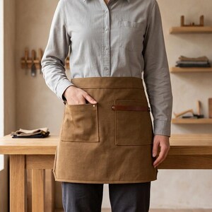 Puede incluir: Un delantal de cintura marrón con dos grandes bolsillos delanteros y una correa de cuero horizontal en el bolsillo derecho. El delantal se lleva sobre una camisa gris claro abotonada y pantalones oscuros, ofreciendo un diseño utilitario.