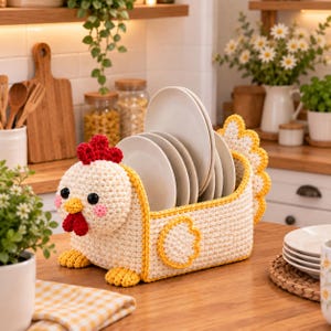 Può includere: Un portapiatti all'uncinetto a forma di gallina color crema, con cresta e bargigli rossi, zampe gialle e un'ala bordata di giallo. La struttura presenta una testa arrotondata con occhi neri e guance rosa, progettata per contenere piatti bianchi.