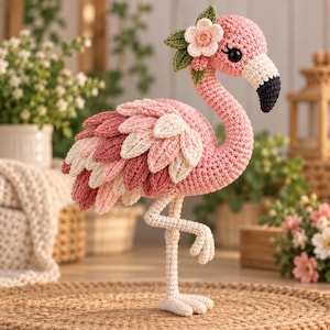 Puede incluir: Una figura de flamenco tejida a ganchillo con un cuerpo rosa y alas superpuestas en tonos rosa y crema. La cabeza está adornada con una flor blanca tejida y hojas verdes. Tiene un pico negro y blanco, ojos negros y patas largas y delgadas.