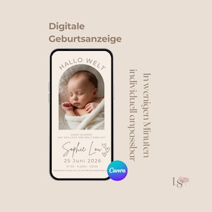 Può includere: Uno smartphone mostra un modello di annuncio di nascita digitale con la foto di un neonato che dorme avvolto in una coperta bianca. Lo schermo include "HALLO WELT," "Sophie Lou," "25 Juni 2026," "07:32," "3.250G," e "52CM."