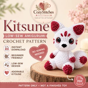 Kitsune Amigurumi Crochet Pattern, Low Sew Fox Crochet PDF, Japanese Fox Pattern, Digital Download
