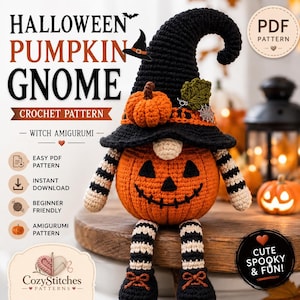 May include: A crochet amigurumi gnome featuring a round orange pumpkin body with a jack-o'-lantern face, wearing a tall black witch hat adorned with a small orange pumpkin and a green leaf. The gnome has striped black and white arms and legs.