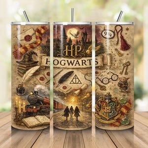 May include: A cylindrical tumbler with a straw featuring a beige parchment-style background printed with various fantasy-themed illustrations including a steam train, a castle, a crest, a quill, glasses, and the text HP HOGWARTS.